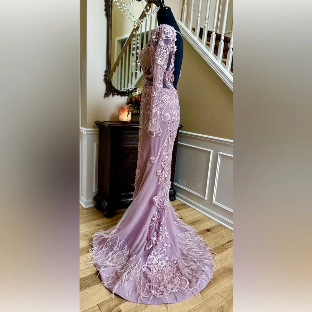 Portia and Scarlett Blush Long Sleeve Feather Fringed Embroidered Gown Size 6 - Picture 7 of 16